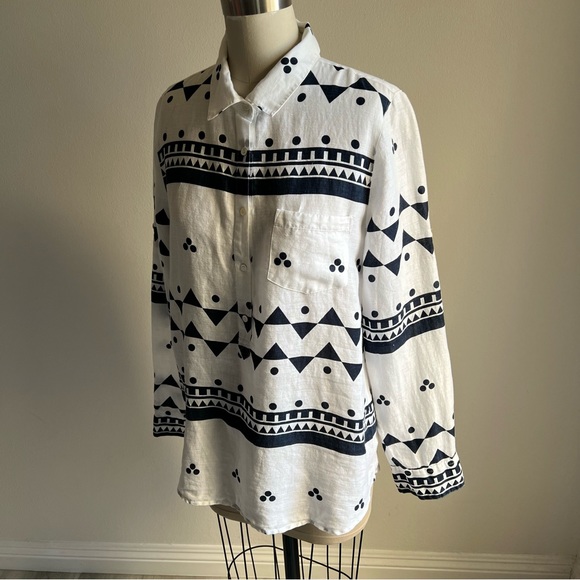 J Crew Linen Size 10 Shirt Blouse Navy Blue White Rollup Sleeves - Picture 3 of 16